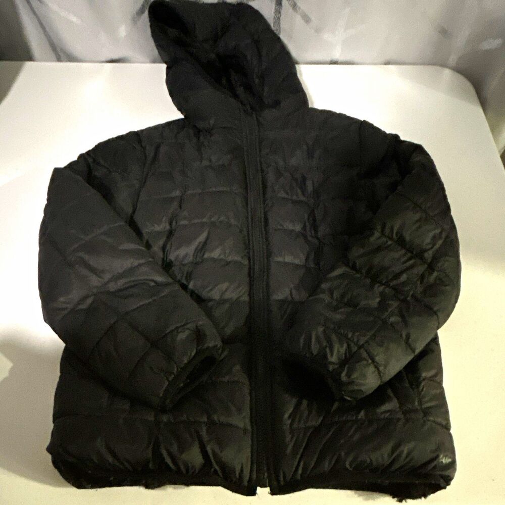Lands' End Kids Black Hooded Puffer Jacket Full Zip: Size L 10-12